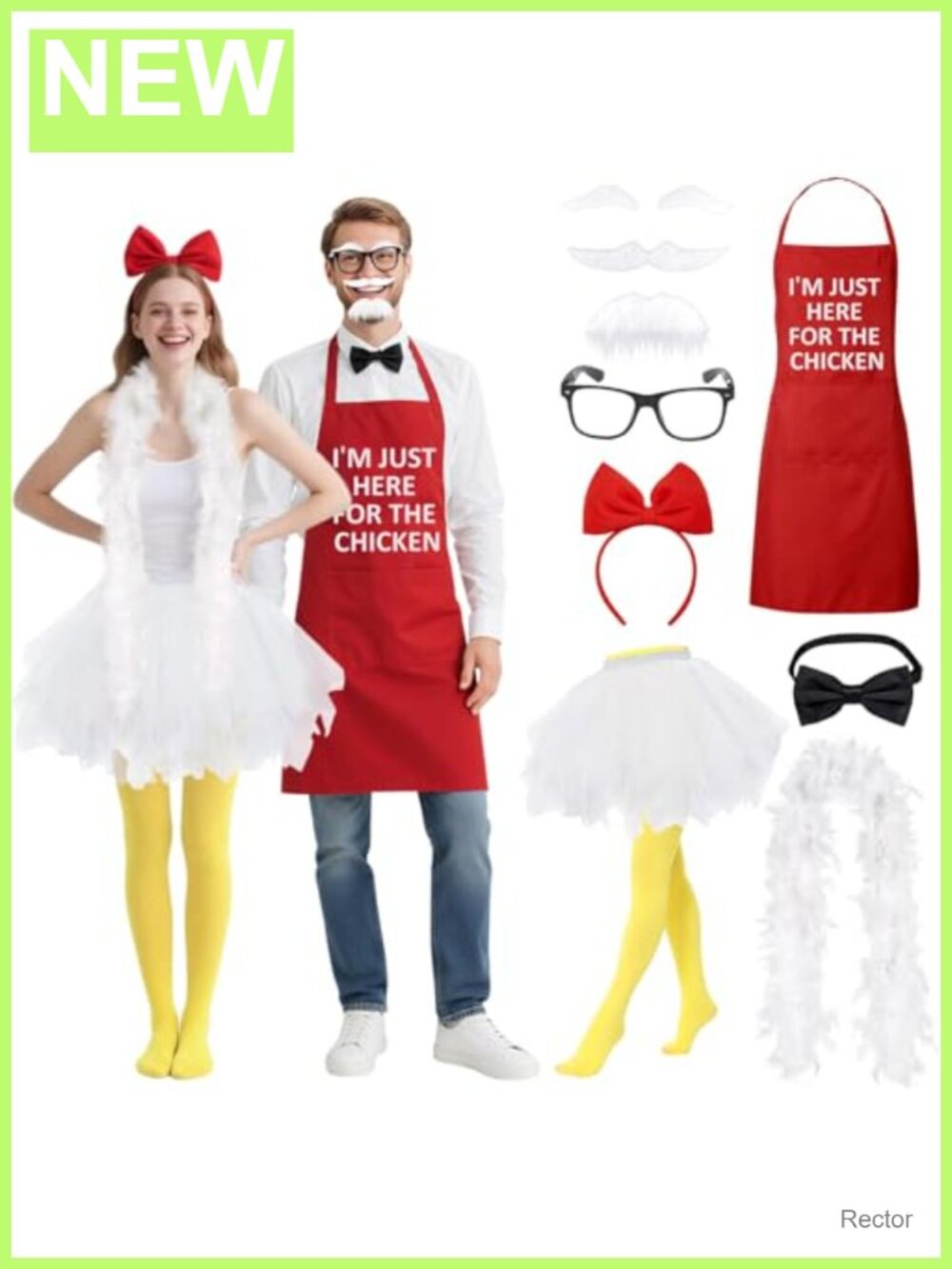 Chicken Couple Costume Set Tutu Skirt Tights Feather Boa Bow Tie Apron Mustache